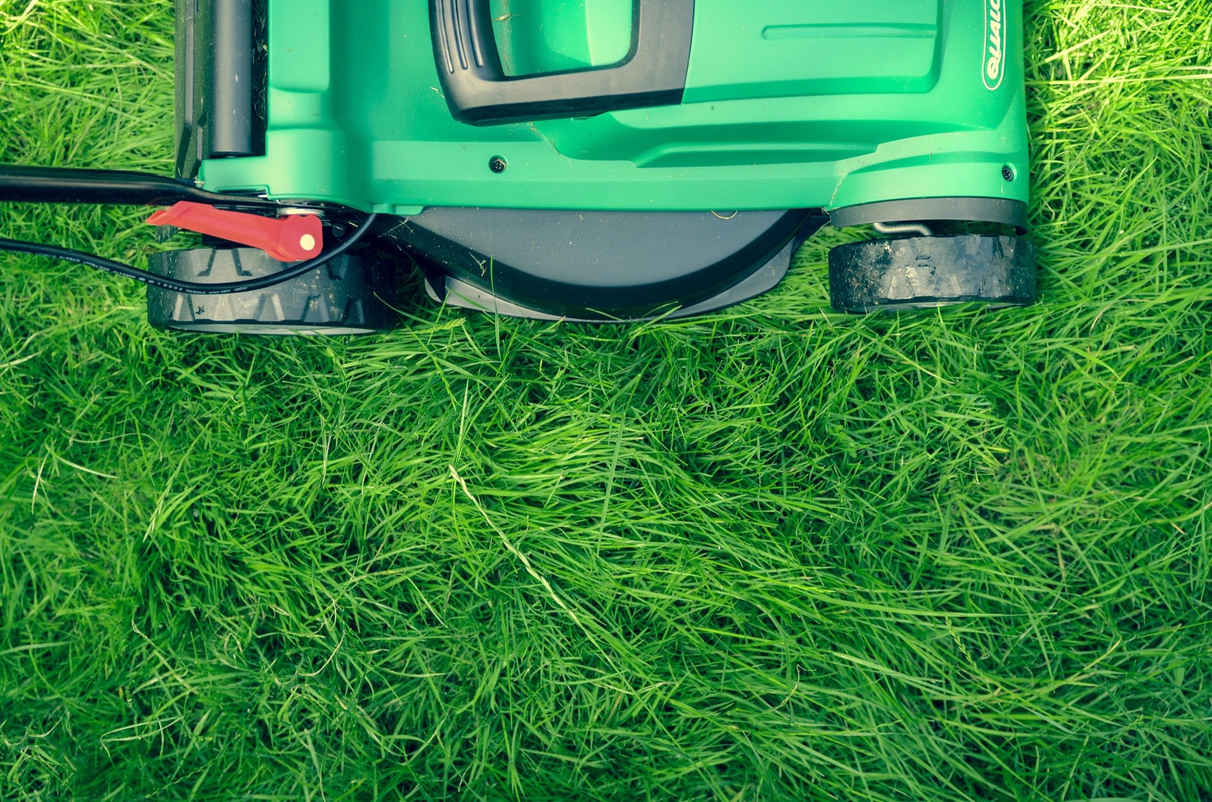 Grasmaaier in actie op vers gemaaid gazon